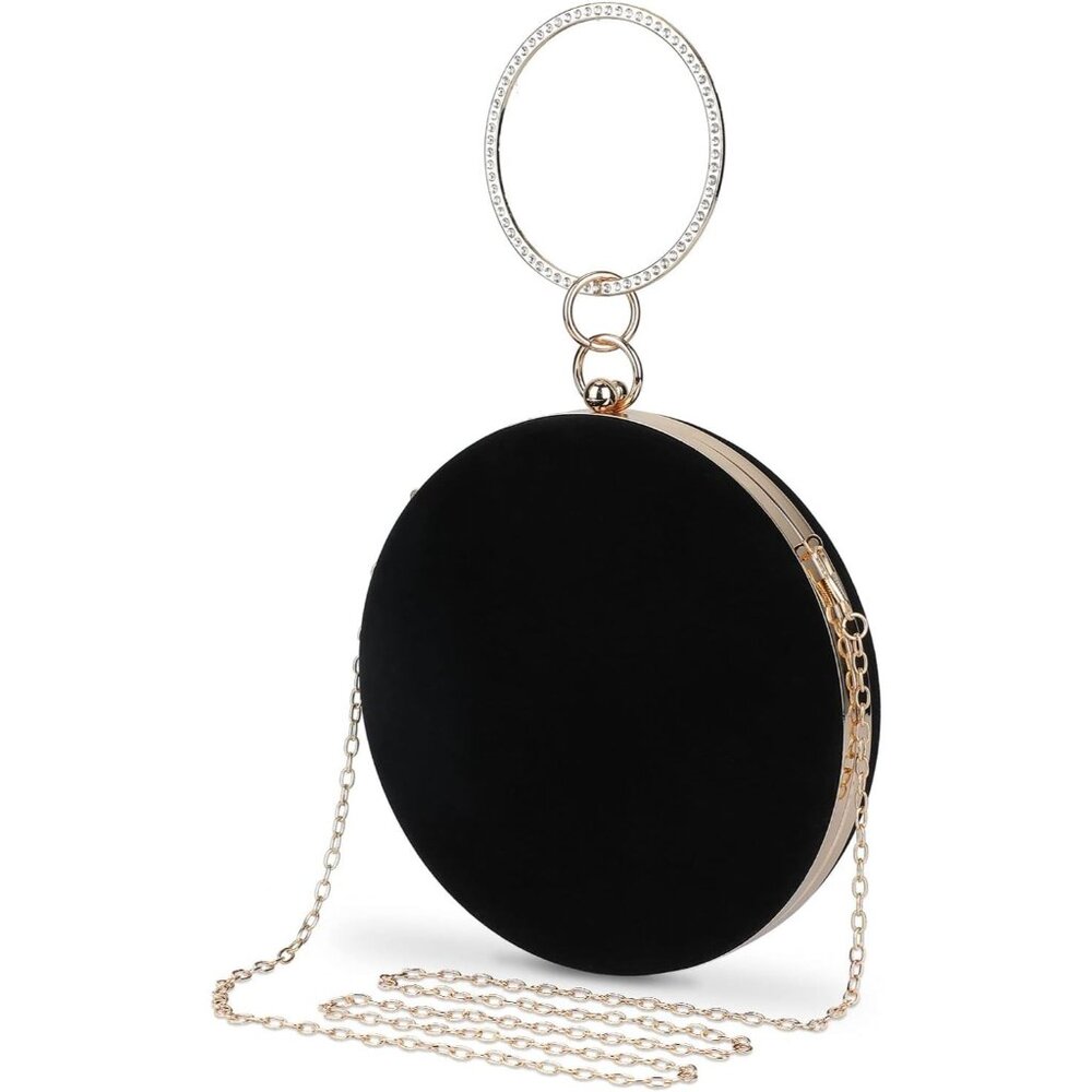 ⚡Women's Evening Cocktail Party Prom Selighting Round Velvet Black Clutch Bag